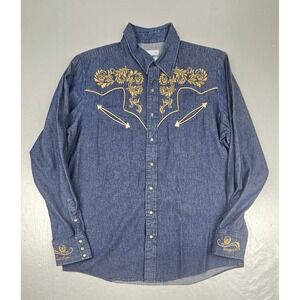 Rafael Amaya Ranger's Western Shirt Mens XL Denim Gold Skull Embroidery Snap